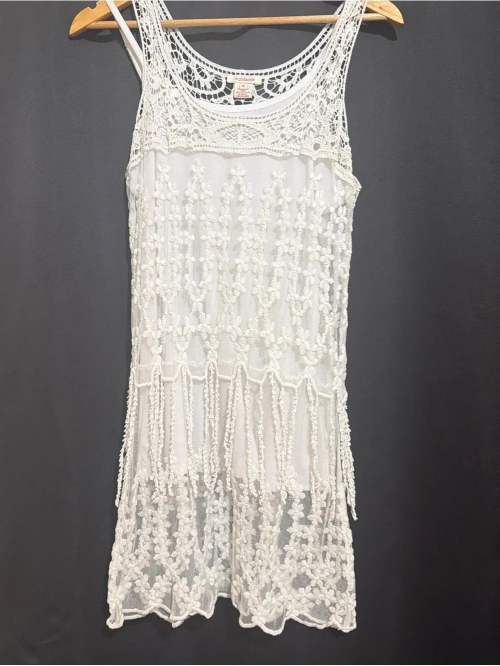 Vintage Sundance White Crochet Lace Fringe tunic top with adjustable tank SzM